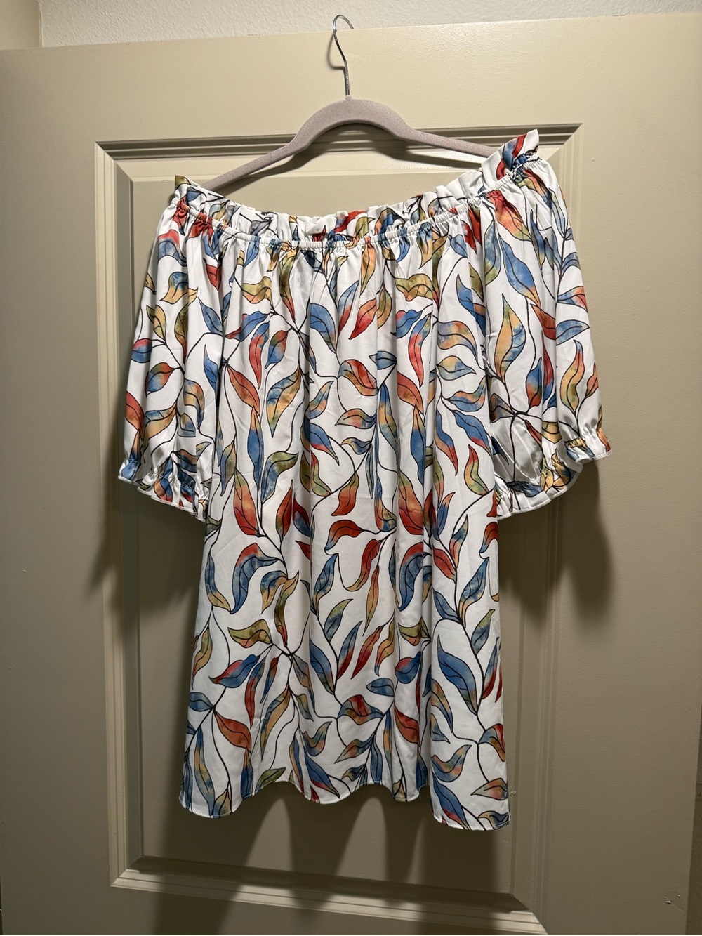 EVALESS 2XL Multicolor Leaf Print Off Shoulder Blouse